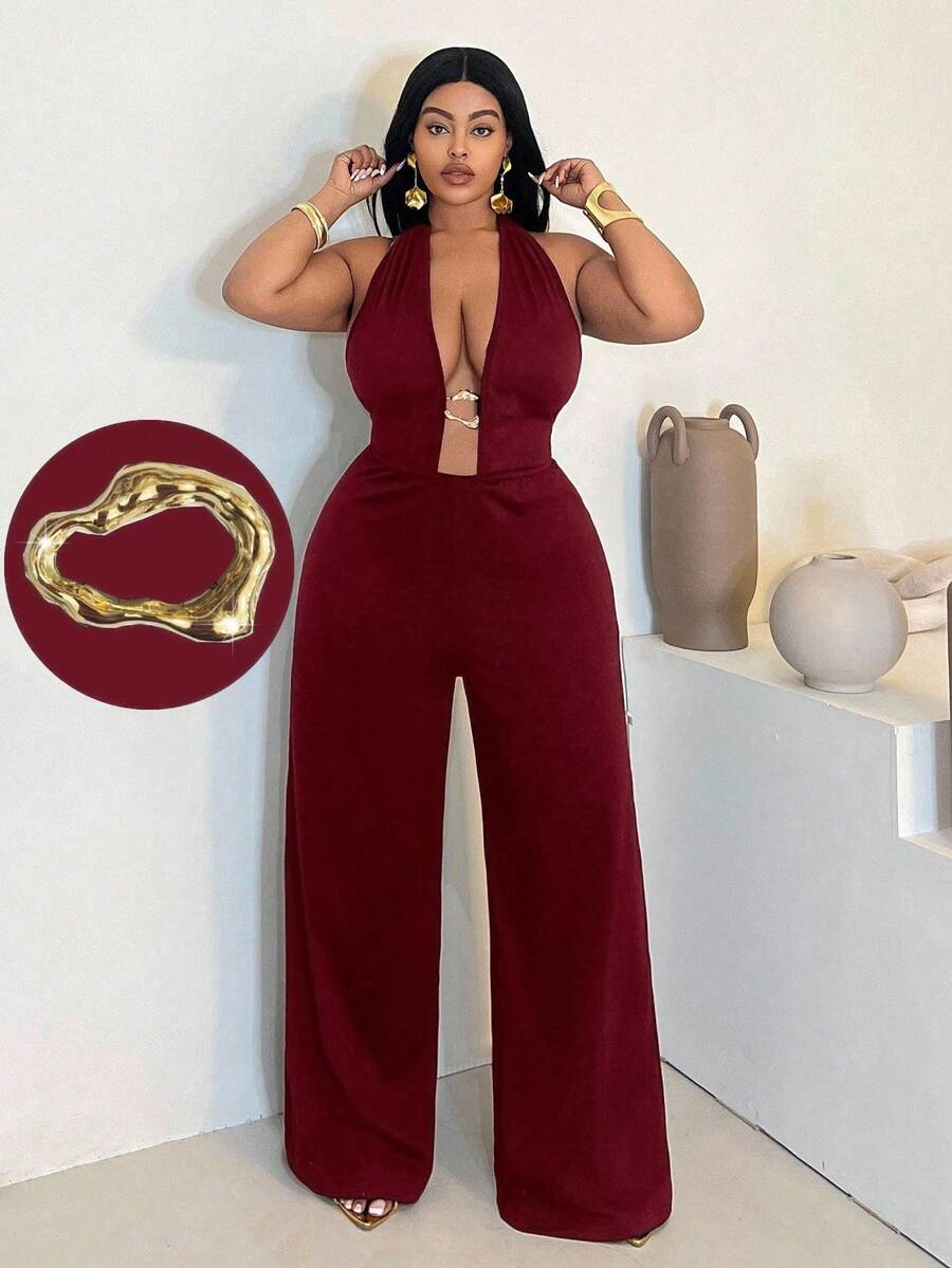 Maweii Plus Size Women's Sexy Solid Color Halter Deep V Metallic Decor Clasp Jumpsuit, Fashionable Design Versatile For Party And Gathering - Burgundy - View 1