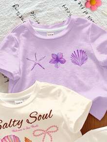 SHEIN LMoss Kids 3件套休闲度假热带芙蓉、鸡蛋花、海星和贝壳印花圆领短袖基础款T恤，适合春夏穿着，白色、米色、浅紫色 - 彩色 - 查看 4