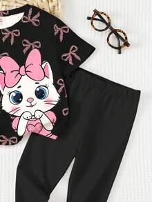 黑色和粉色，可爱猫咪动物印花，女婴休闲舒适柔软圆领宽松短袖T恤和打底裤套装，适合日常穿着、街头风、外出、居家、度假、返校、春夏穿着，适合1-2岁女婴的日常穿搭。 - 白色 - 查看 7