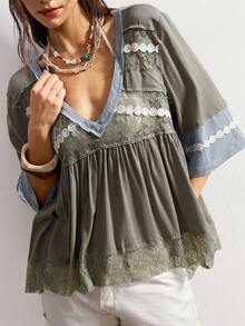Bohemela Blusa holgada de punto con escote en V y manga corta, estilo patchwork, para mujer, ropa de mujer estilo bohemio, blusas de verano bohemias - verde menta - Ver 1