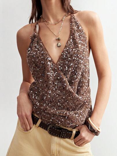Bohemela Solid Color Beaded Halter Neck Tank Top For Women, Spring/Summer Vacation