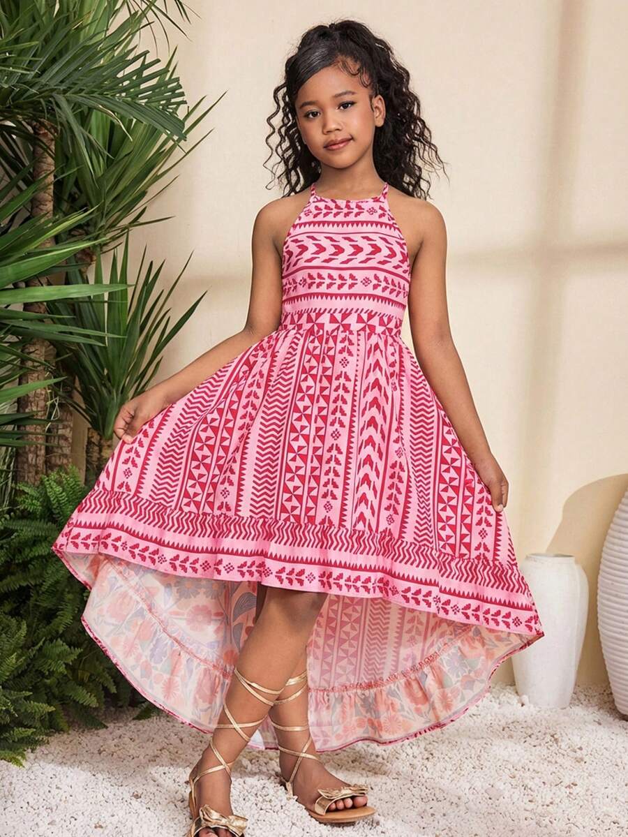 SHEIN Tween女孩休閒度假時尚海灘假期熱帶花卉印花無袖細肩帶露背不對稱下擺抓皺拼接喇叭擺梭織印花洋裝 - 粉色 - 查看 1