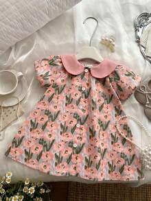 SHEIN 女婴法式甜美公主风粉色碎花泡泡袖连衣裙 - 彩色 - 查看 2