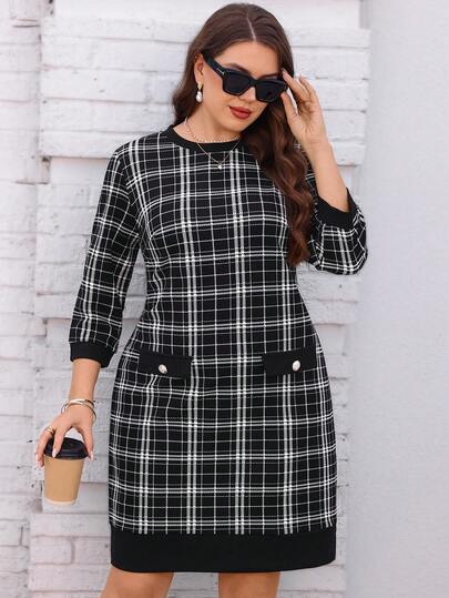 EMERY ROSE 大码女式圆领格子休闲通勤度假连衣裙