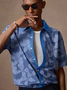 AKNOTIC Áo polo nam tay ngắn dáng rộng, họa tiết hoa jacquard màu xanh dương, thích hợp cho mùa hè, kỳ nghỉ, mặc hàng ngày, dự tiệc, phối đồ đôi, quà tặng cho nam giới. - Màu xanh lam - Xem 5