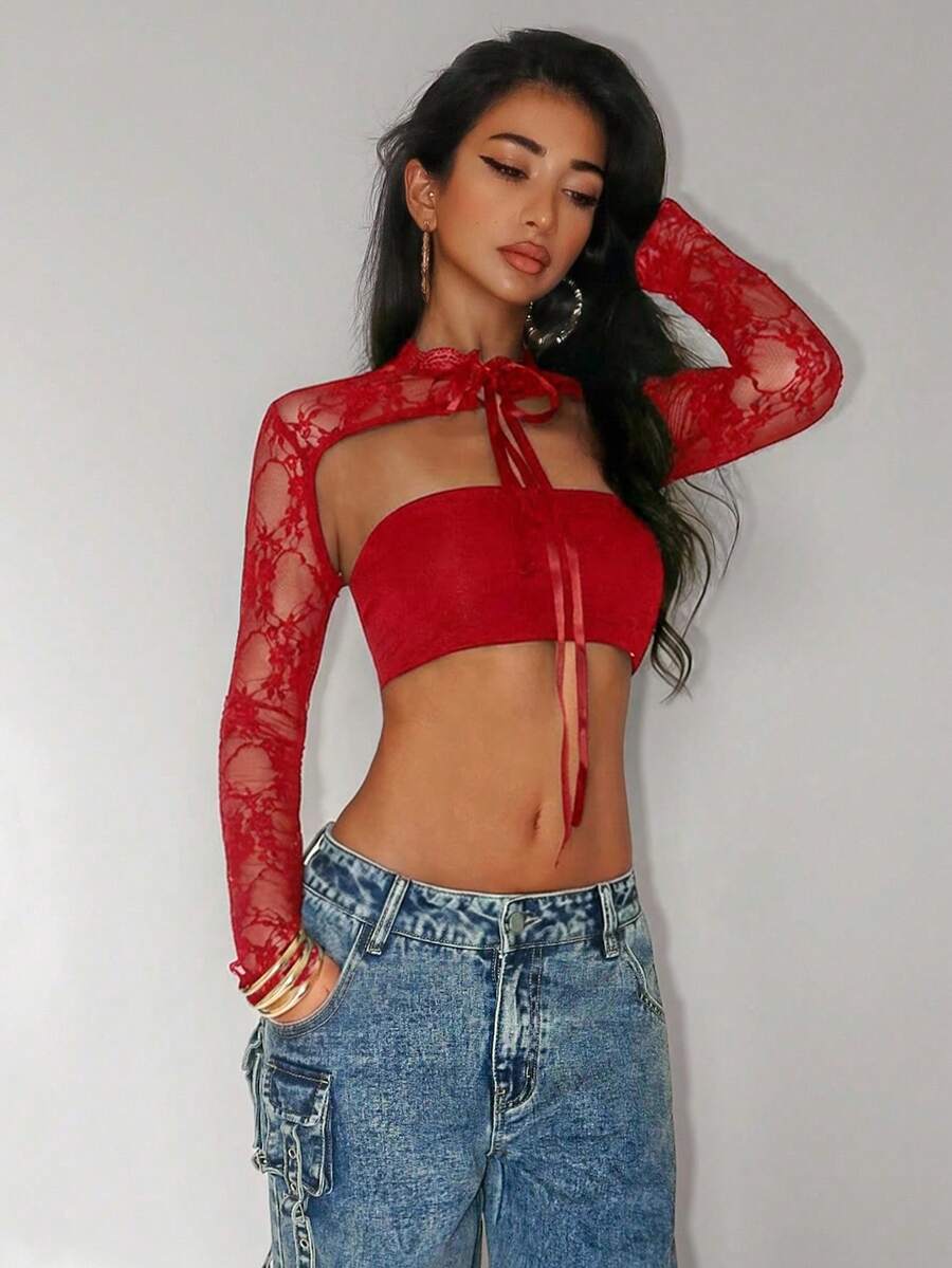 SHEIN Unity Áo kiểu nữ bằng vải ren, gợi cảm, táo bạo, mang phong cách avant-garde. - Đỏ - Xem 1