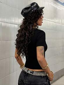 SHEIN DivaQ Women's Black Rhinestone Print Short Sleeve T-Shirt - Black - View 2