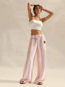 Easelle 复古波西米亚风低腰彩色条纹向日葵印花宽松女裤阔腿夏季裤嬉皮裤条纹裤波西米亚风裤女式波西米亚风裤夏季服装裤阔腿裤女式条纹裤女式夏季裤 - 彩色 - 查看 4