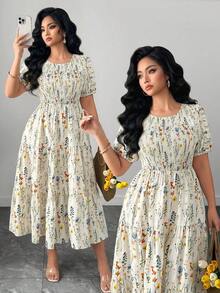 Elenzga Große Größen Damen Kurzarm Kleid mit Blume Muster, elastischer Taille und gestuftem A-Linie Schnitt, eleganter Urlaubsstil, geeignet für Frühling/Sommer - Aprikosenfarben - Übersicht 1