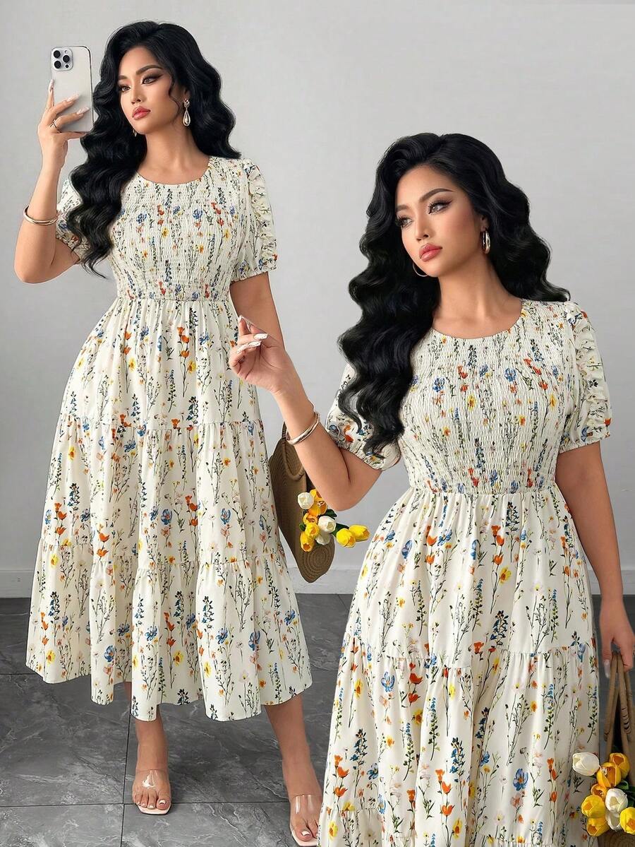 Elenzga Große Größen Damen Kurzarm Kleid mit Blume Muster, elastischer Taille und gestuftem A-Linie Schnitt, eleganter Urlaubsstil, geeignet für Frühling/Sommer - Aprikosenfarben - Übersicht 1