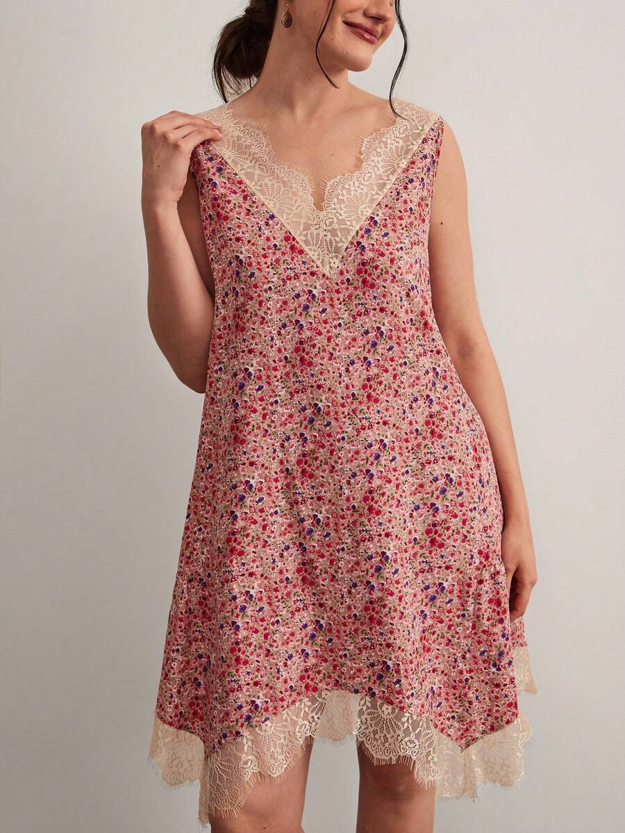 Freevana Vestido sin mangas con parches de encaje y estampado floral diminuto de talla grande - Multicolor - Ver 1