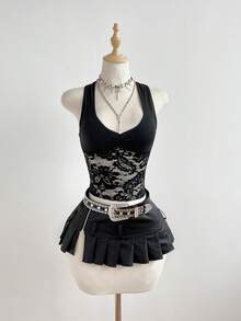 SHEIN Tall 女士优雅蕾丝拼接黑色露背吊带背心，休闲百搭，适合日常穿着，秋冬季 - 黑色 - 查看 5