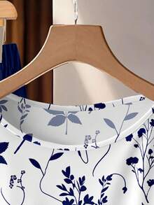 SHEIN Clasi 女士系带蝴蝶结花叶印花上衣和直筒裤两件套，适合外出、工作通勤，浪漫优雅时尚 - 彩色 - 查看 4