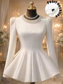 SHEIN Franclia 加码仿珍珠串珠泡泡袖荷叶边上衣 - 白色 - 查看 7