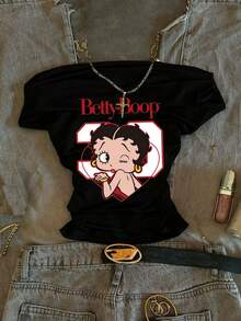Betty Boop x SHEIN SHEIN Attitoon Women's Casual Waist Ruched Off-Shoulder Betty Collab Tight Fit Short Sleeve T-Shirt, Suitable For Summer, Chic, Y2K - Black - View 3