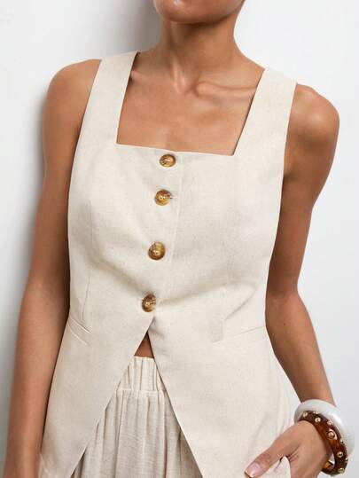 Maija Women's Summer Commuter Front Button Square Collar Thin Blazer Vest St Patrick's Day Women Easter Summer Easter Party Top Beach Summer Holidays Each Vacations For Women Summer For Women Going Out Graduation Casual For Women, Beach Outfit For Women, Beach Outfits , Holiday, Summer Holiday Outfits, Vacation Outfits For Women , Beach Vacation Outfits For Women