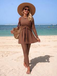 Swim Shayni 2026 Summer NEW Women's Summer Solid Brown 2pcs/Set Long Sleeve Cinching Waist Burkini Beach Vacation, Pool Party, Beach PartyBeach Outfits, Music Festival Outfits, Vacation Outfits, Seaside Dates, Holiday Outfits, Sexy, Elegant, Casual Outfits, Beach Party Outfits, Pool Party Outfits - Brown - View 12