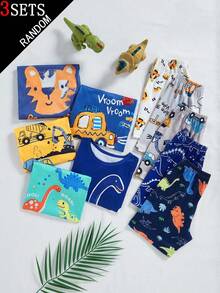 6 件装男童睡衣，多色可选，5 套花卉图案，3 套盲盒随机款式，内含卡通蜡笔、趣味腕龙、三角龙玩耍图案、各种恐龙在丛林中赛跑图案、汽车和卡车在城市中行驶图案、浅蓝色短袖上衣印有起重机和推土机图案，舒适宽松圆领短裤套装，适合休闲穿着，可爱夏日装扮 - 彩色 - 查看 8