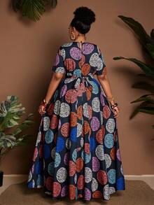 Maweii 大码女装新款优雅日常撞色印花圆领连衣裙，高端设计，腰部系带可调节，后背蘑菇扣，A字裙摆，适合度假、通勤、休闲穿着。 - 彩色 - 查看 2