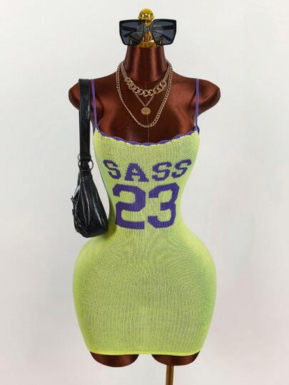 Amplova 2026 New Neon Color Block Digit & Letter Print Low-Cut Bodycon Mini Dress For Women