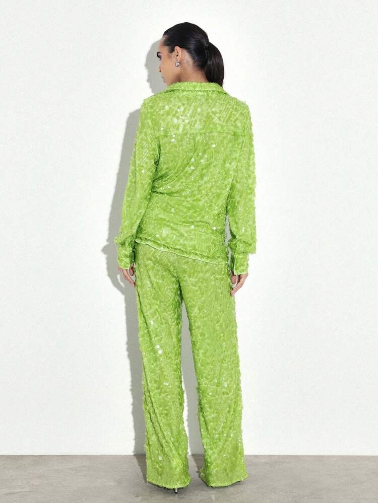 KSTM Women's High Rise Sequined Wide Leg Party Pants With Elastic Waist And Sparkly Embellishment For Evening Events