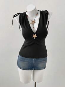 Sweetra CURVE Plus Size Women Casual Elegant V-Neck Camisole Starfish Top Blouses,Black Summer Classy Formal Evening Night Out Club Deep V Neckline Sleeveless Tops - Black - View 5