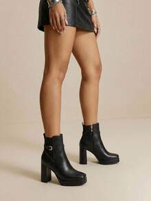 Daringsoles Women's Chunky Heel Square Toe Sexy Waterproof Platform Side Zipper Buckle Classic Leather Boots, Autumn/Winter - Black - View 11