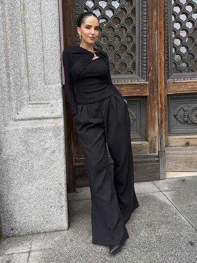 Marta Soriano 女装极简时尚深咖啡超大阔腿裤通勤裤棕色阔腿裤女高腰阔腿裤秋冬棕色西装裤