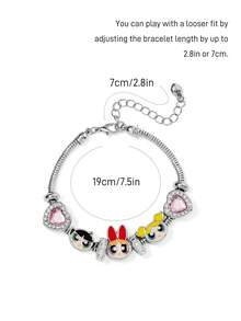 THE POWERPUFF GIRLS X SHEIN 时尚可爱甜美的银色锌合金卡通链条手链，镶嵌闪亮水钻心形。适合日常佩戴或作为礼物，花朵、泡泡和毛茛花图案。 - 彩色 - 查看 5