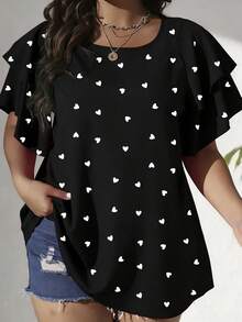 EMERY ROSE Plus Size Black Casual Heart Print Scoop Neck Top With Layered Short Sleeves - Black - View 1