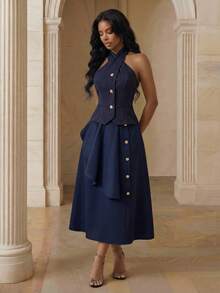 Anewsta Women's Criss-Cross Halter Striped Elegant Blouse - Navy Blue - View 4