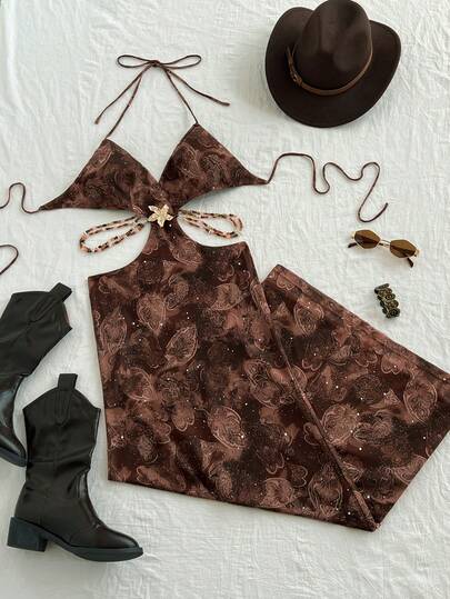 TRNVIE Spring/Summer Music Festival Leopard Print Deep V Spaghetti Strap Hollow Waist Chain Decor Women Dress