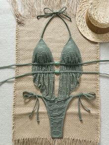 Swim SXY Women's Spring/Summer Jacquard Fabric Beaded Spaghetti Strap Bikini Top - Army Green - View 3