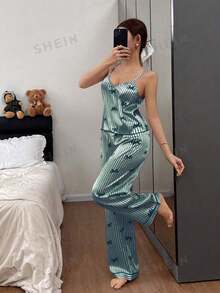 Napfluff Conjunto de pijama de mujer con pajarita y top de camisola con estampado de rayas de seda sintética y pantalones - Verde Oscuro - Ver 5