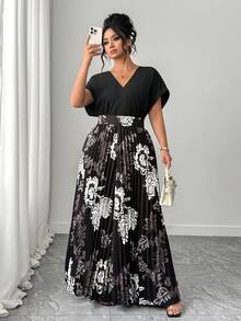 Elenzga Women's V-Neck High-Quality Black Base White Flower Pleated Jumpsuit - Multicolor - View 1