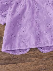 Emery Rose Kids Emery Rose Kids 女嬰休閒簡約舒適圓領泡泡袖鏤空刺繡上衣，適合日常穿著與返校季，女嬰 - 紫色 - 查看 7