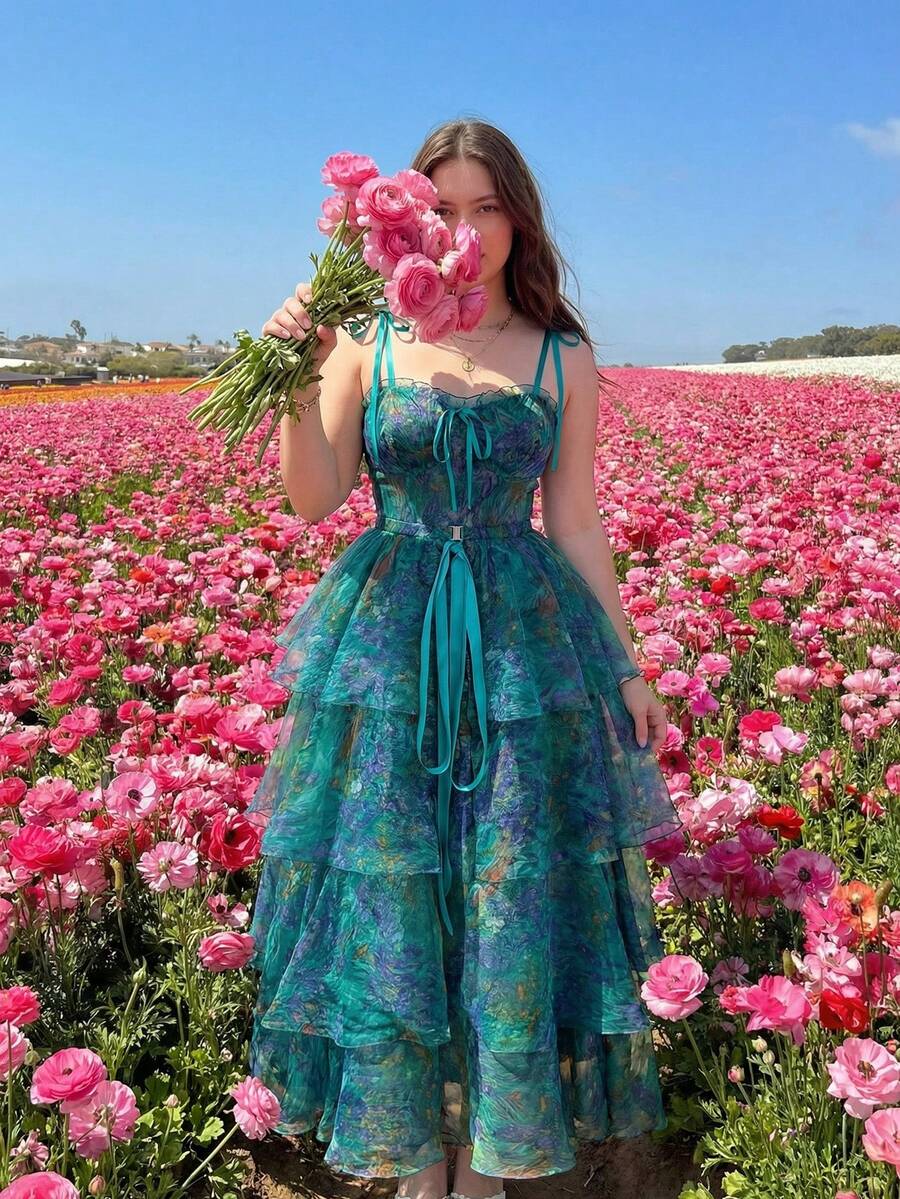 SHEIN MOD 复古油画印花全身花卉图案华丽二合一连衣裙，配有可拆卸多条裙摆 - 宫廷风、生日礼服、邮轮礼服、叠穿连衣裙、碎花连衣裙、绿色连衣裙、海滩度假装、夏季连衣裙、下午茶礼服、女士度假装、飘逸连衣裙、派对礼服、波西米亚风服装、万圣节 - 彩色 - 查看 1