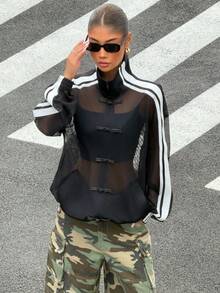 Muchica 女士黑色条纹网眼薄外套，带纽扣设计 - 黑色 - 查看 3