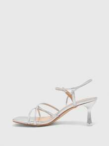 CUCCOO BIZCHIC Silver Color French Criss-Cross Open Toe Stiletto High Heel Shoes For Women - Silver - View 4