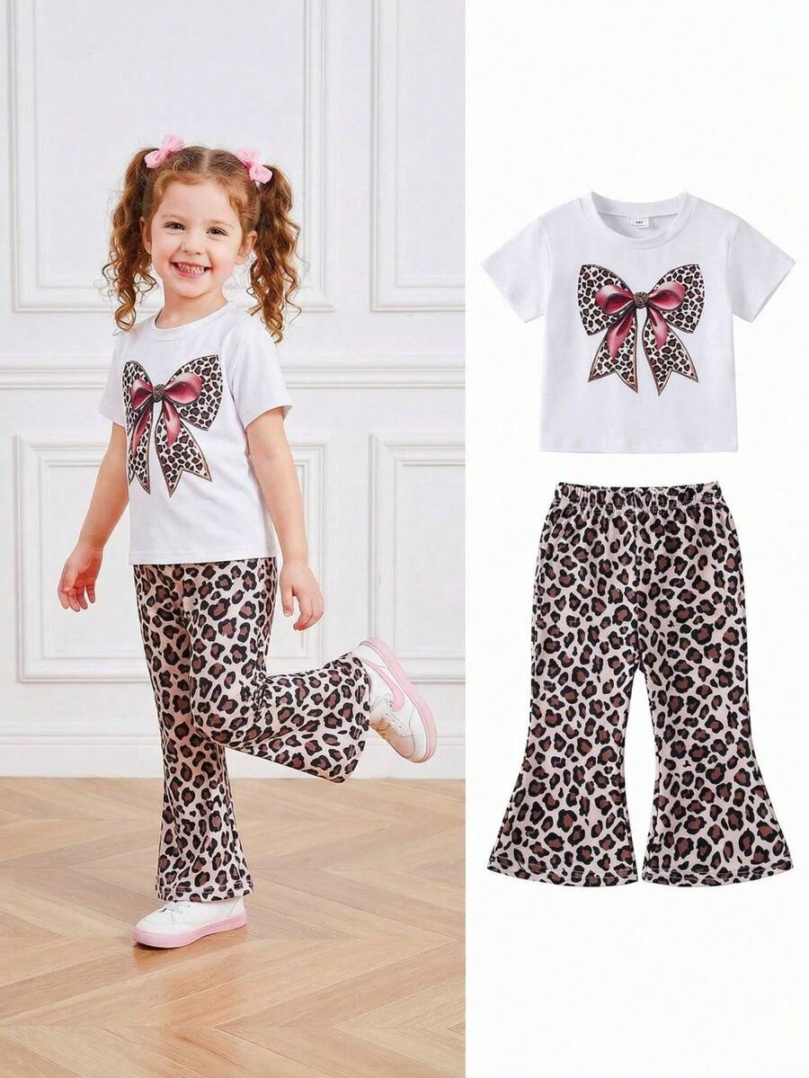 SHEIN Playful Pals Girls Knitted Fabric Short Sleeve Tee And Full Print Leopard Bell Bottom Pants Set With Cute Bow Design - White - View 1