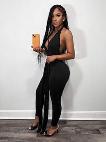 BamGleam 女士时尚性感深V领露背吊带连体裤 - 黑色 - 查看 4