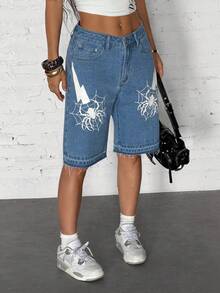 StreetHx 时尚休闲街头风星形印花低腰阔腿牛仔短裤 - 中等水洗藍 - 查看 4