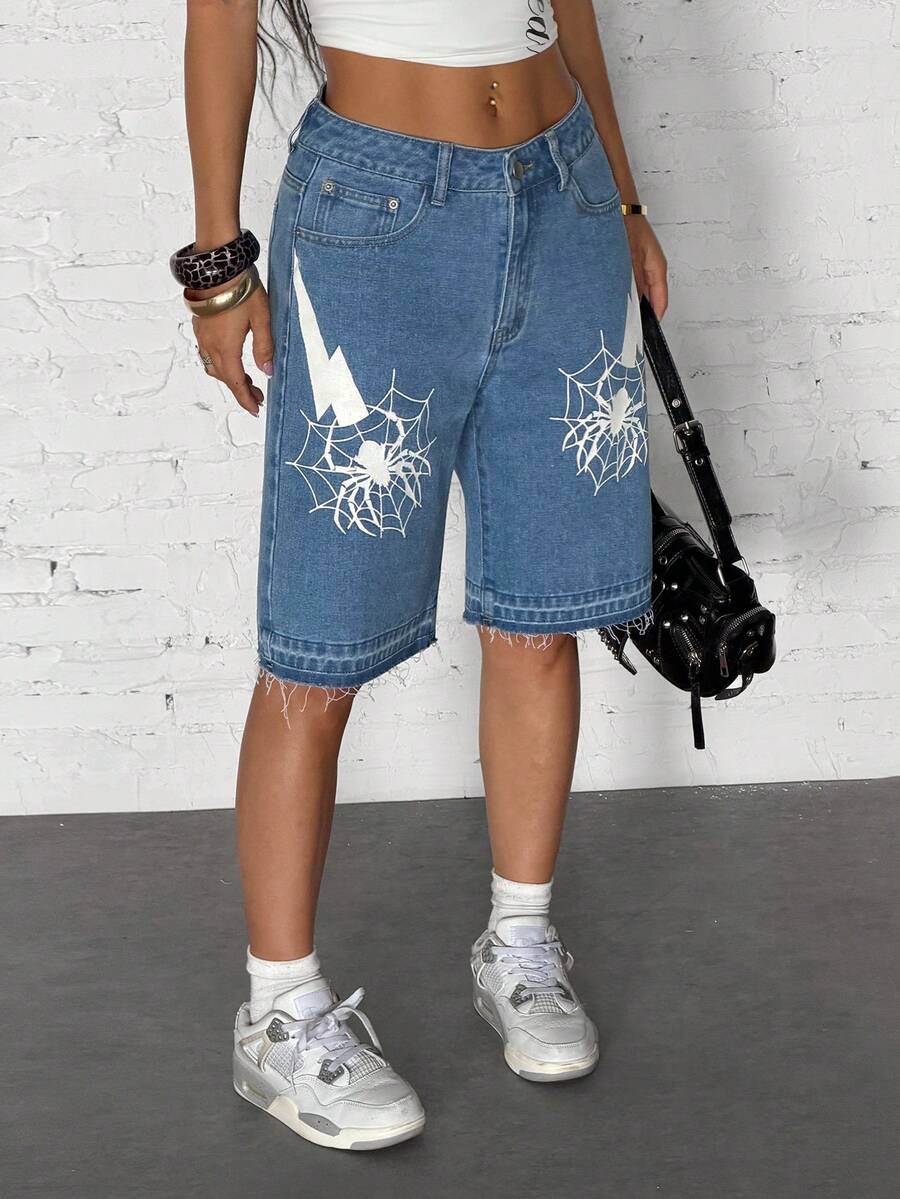 StreetHx 时尚休闲街头风星形印花低腰阔腿牛仔短裤 - 中等水洗藍 - 查看 1