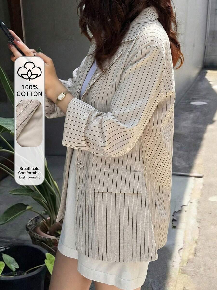 FRIFUL 女士春夏棉质条纹宽松休闲西装外套 - 杏色 - 查看 1