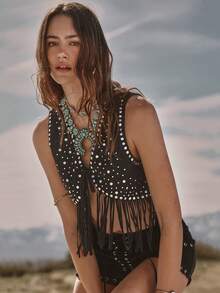 Easelle Bohemian Music Festival Sequin Rivet Tassel Vest For Women - Black - View 5