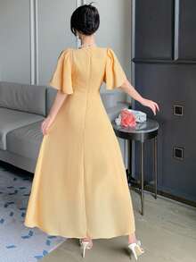 DAZY Robe mi-longue élégante à col rond et manches volantées de couleur unie, robes d'été pour femmes - Jaune citron - Voir 2