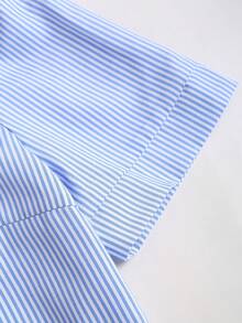 Franclia Women's Summer French Elegant Commuter Minimalist Turndown Collar Short Sleeve Embroidered Blue & White Striped Cardigan Shirt And High Waist Straight Khaki Pants Casual Stylish 2-Piece Set - Multicolor - View 5