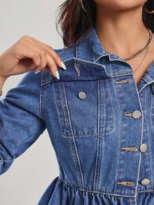 Rivivi Women's Casual Washed Denim Jacket With Ruffle Hem - Blue - View 7