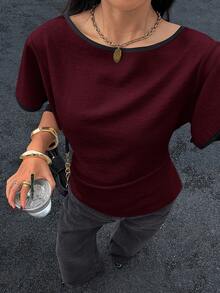 Siren Gaze Women's Round Neck Ruffle Trim Casual Versatile Daily Wear Shirt - Burgundy - View 4