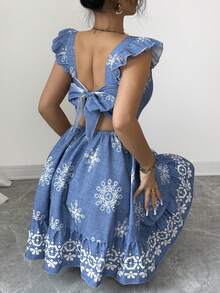 Elenzga 女士印花腰部设计露背系带休闲度假通勤迷你连衣裙，喇叭袖 - 中等水洗藍 - 查看 2